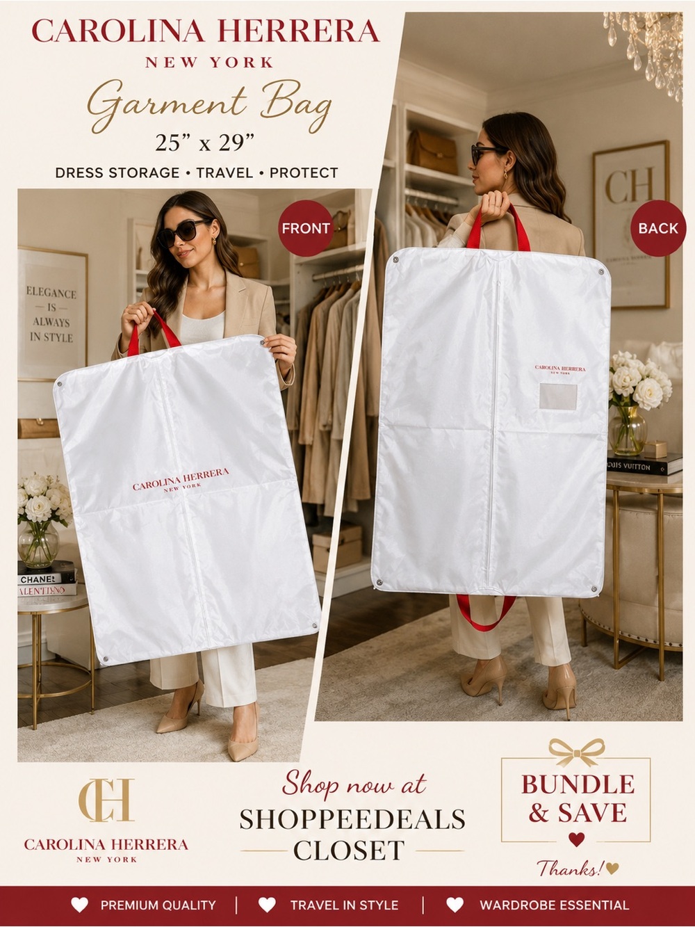 Carolina Herrera New York White Garment Bag / Dress Storage Travel Bag – 25”x29”